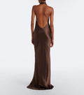 Halter Draped open-back silk charmeuse gown in Carob