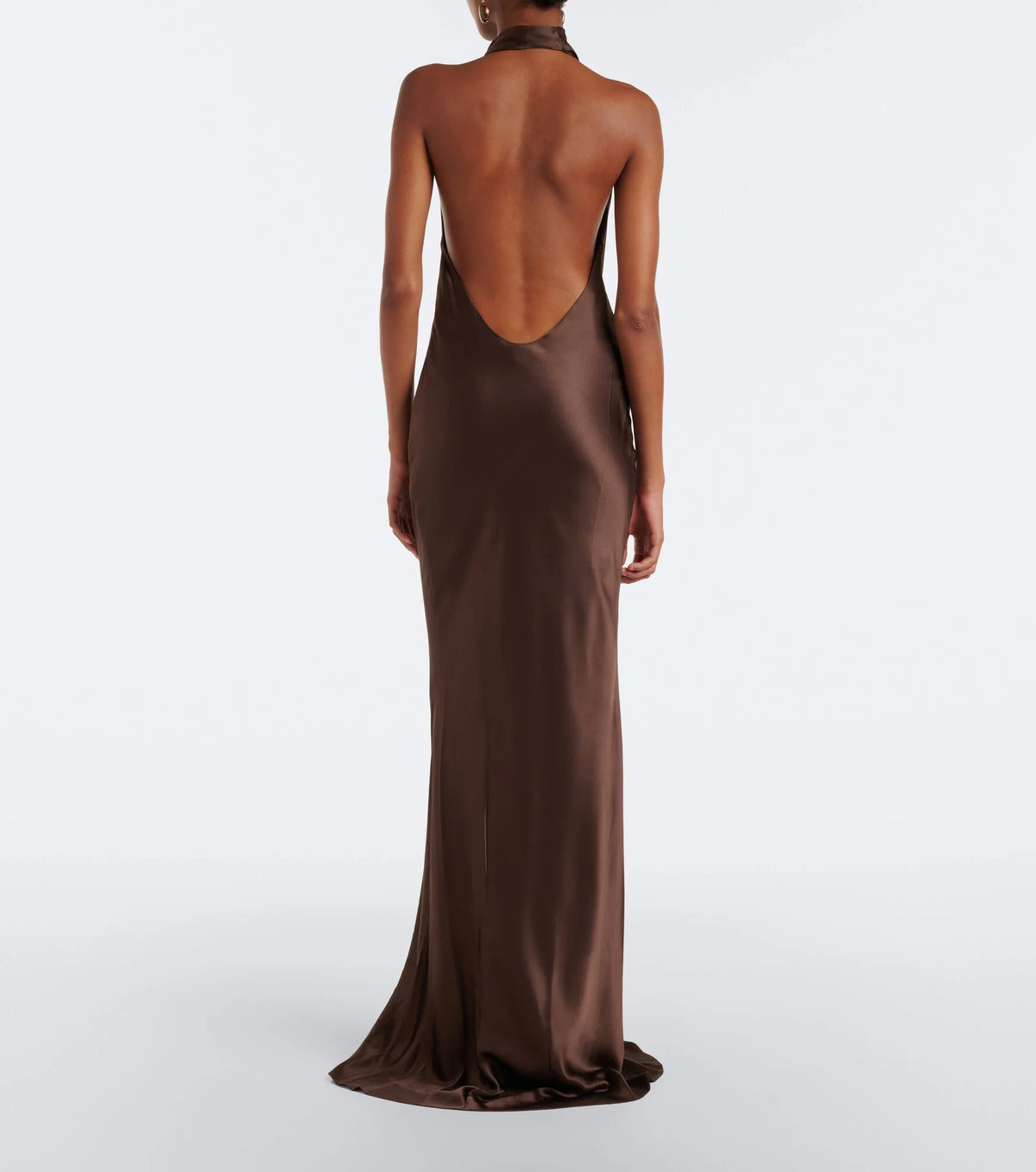 Halter Draped open-back silk charmeuse gown in Carob
