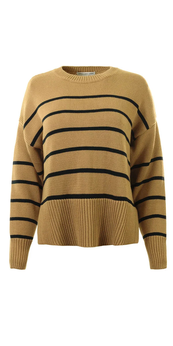 Boxy Breton stripe crew in camel/navy