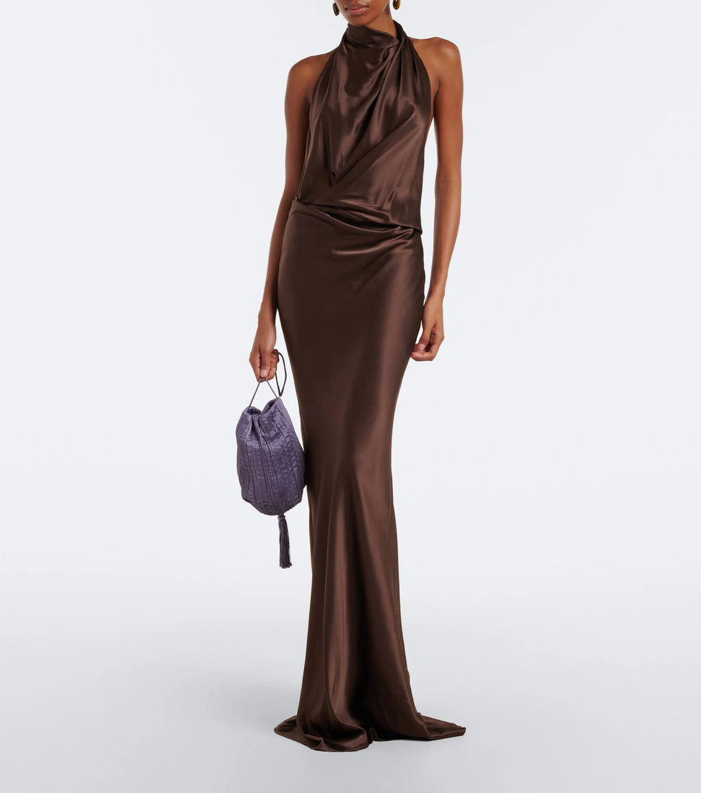 Halter Draped open-back silk charmeuse gown in Carob