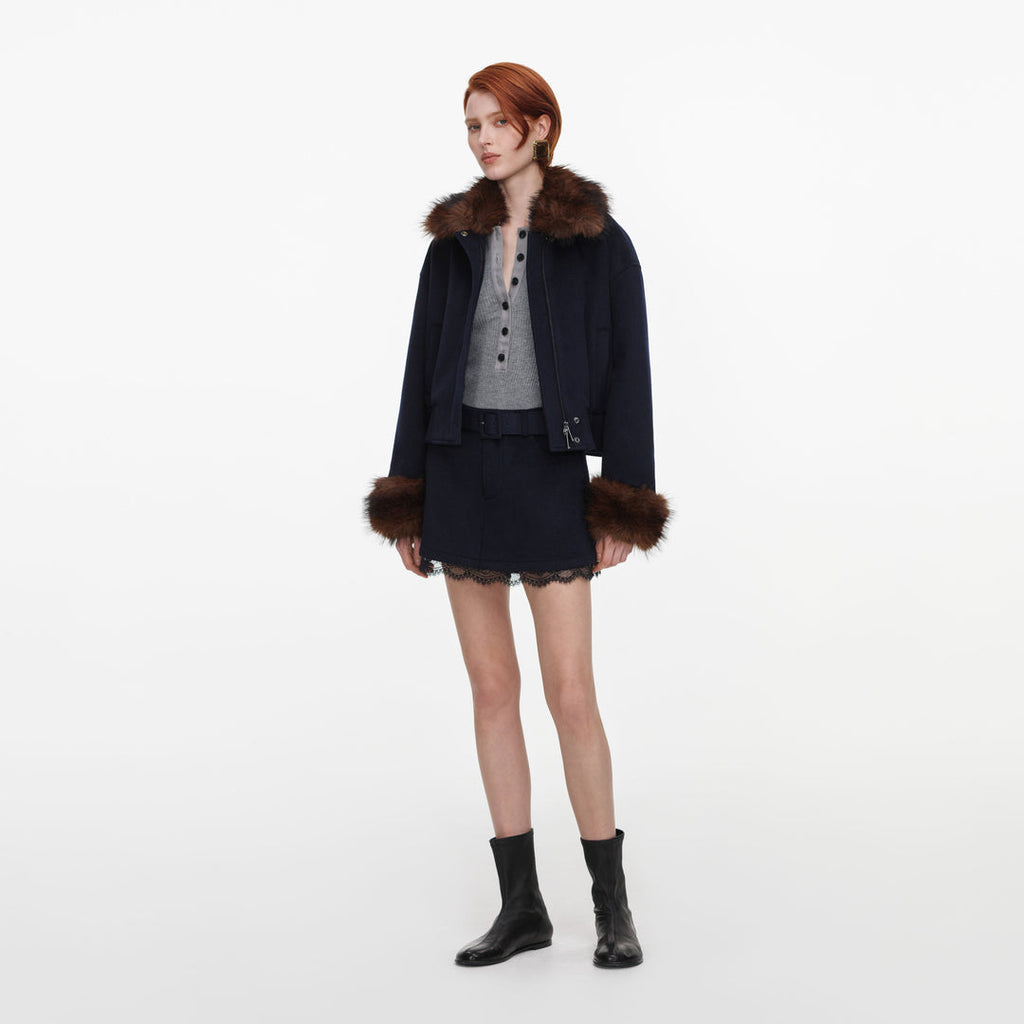 Navy Wool Fur Trim Jacket