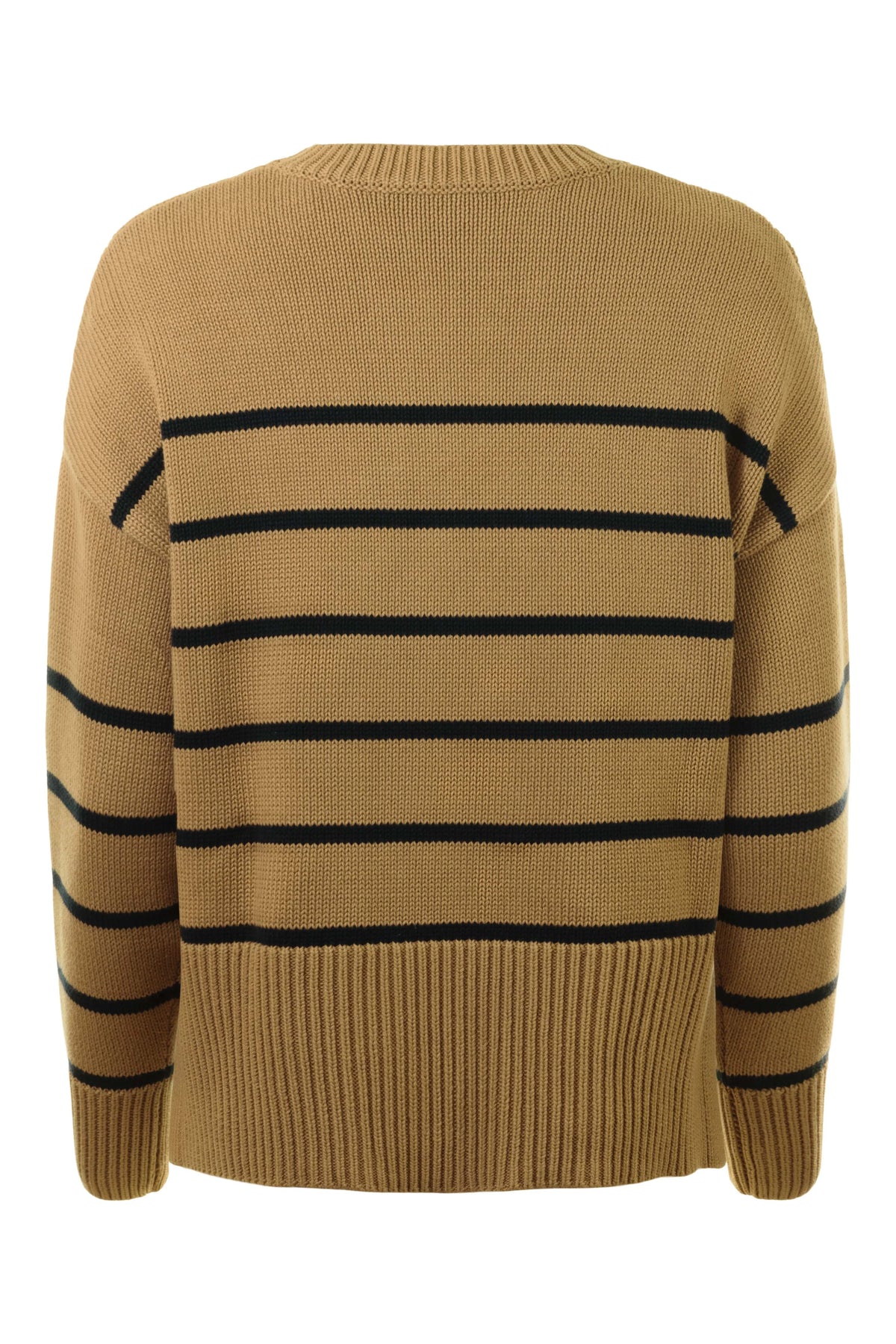 Boxy Breton stripe crew in camel/navy