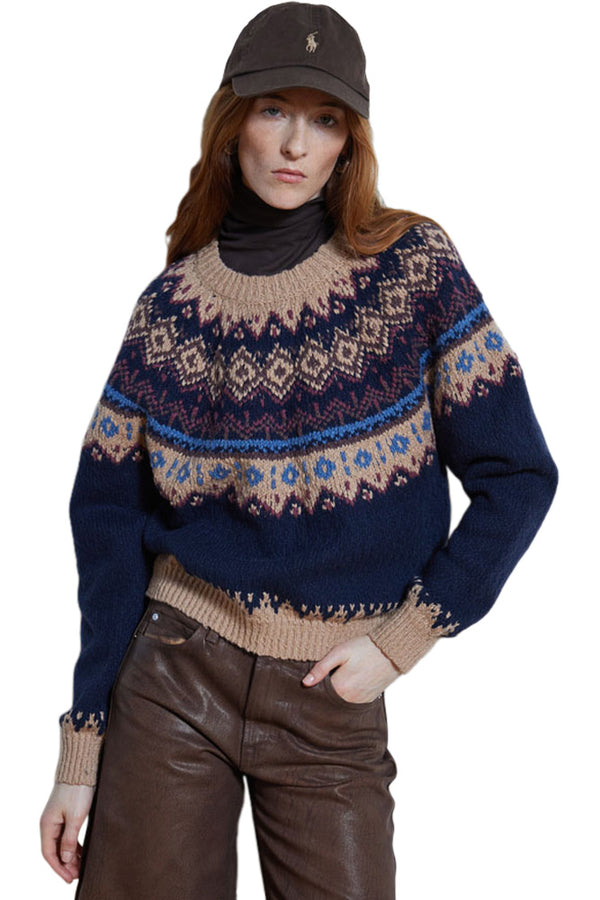 Chunky Fair Isle Crewneck in Navy Combo