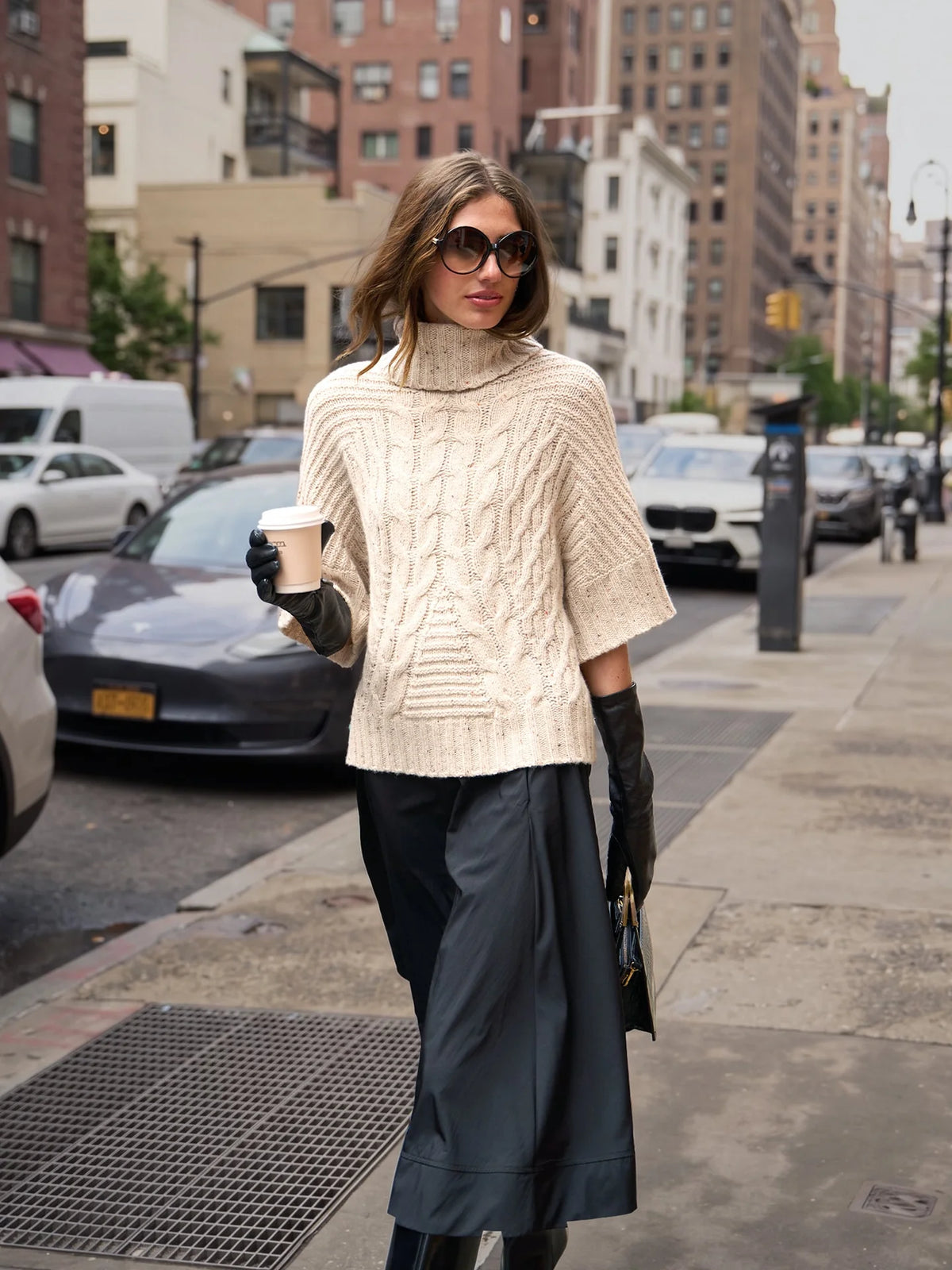 Chunky Cable Tabard Relaxed Turtleneck In Wild Rice