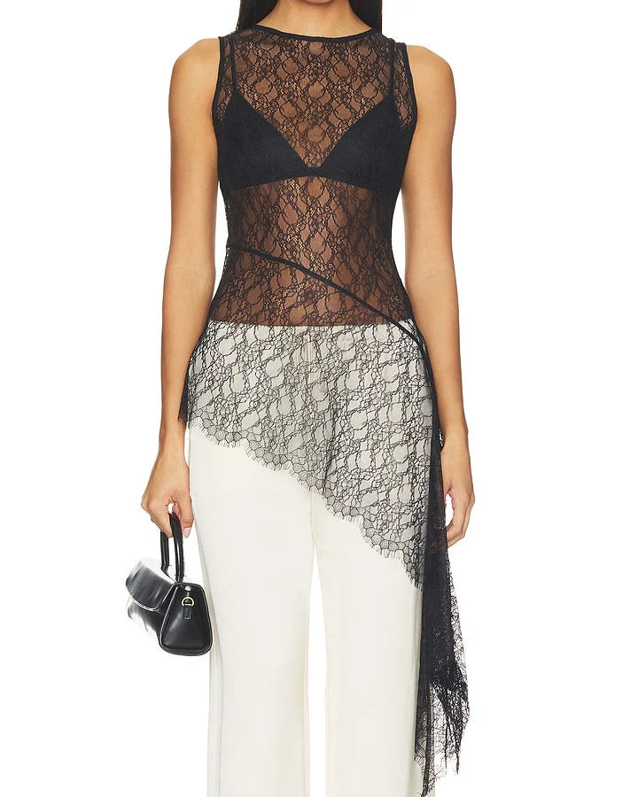 Sheer Lace Cascade Top in Black