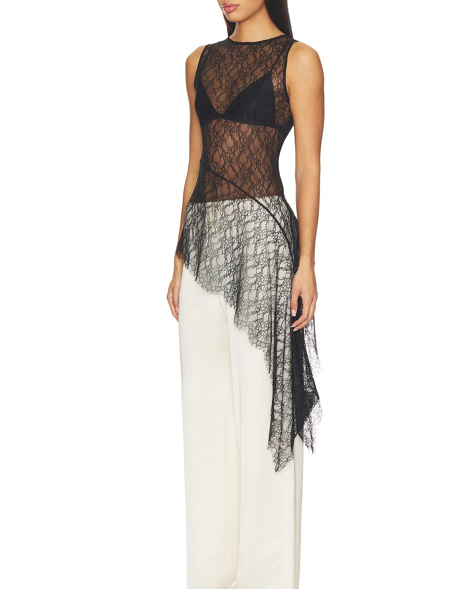 Sheer Lace Cascade Top in Black