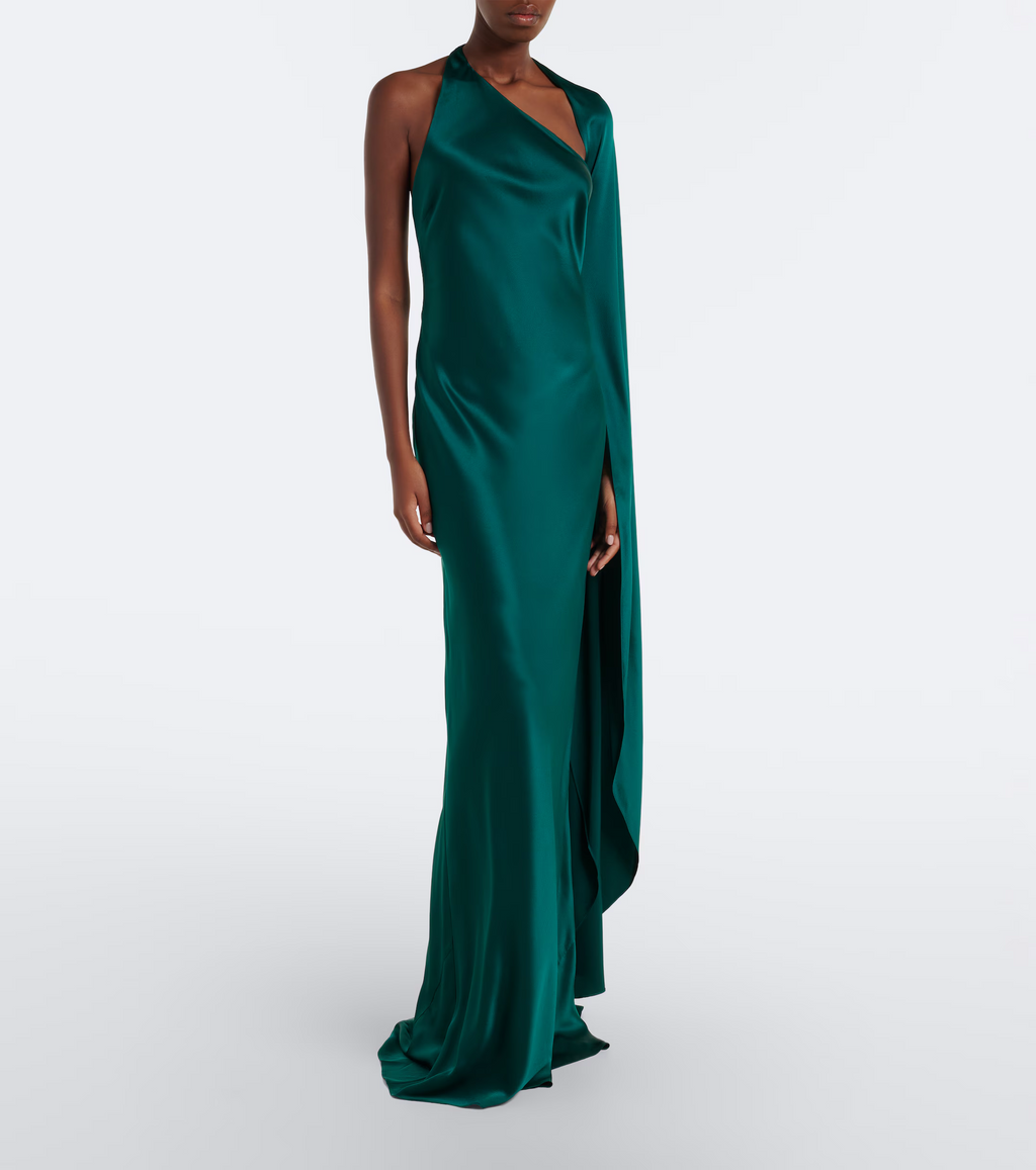 Drape Sleeve One Shoulder Gown in Forest