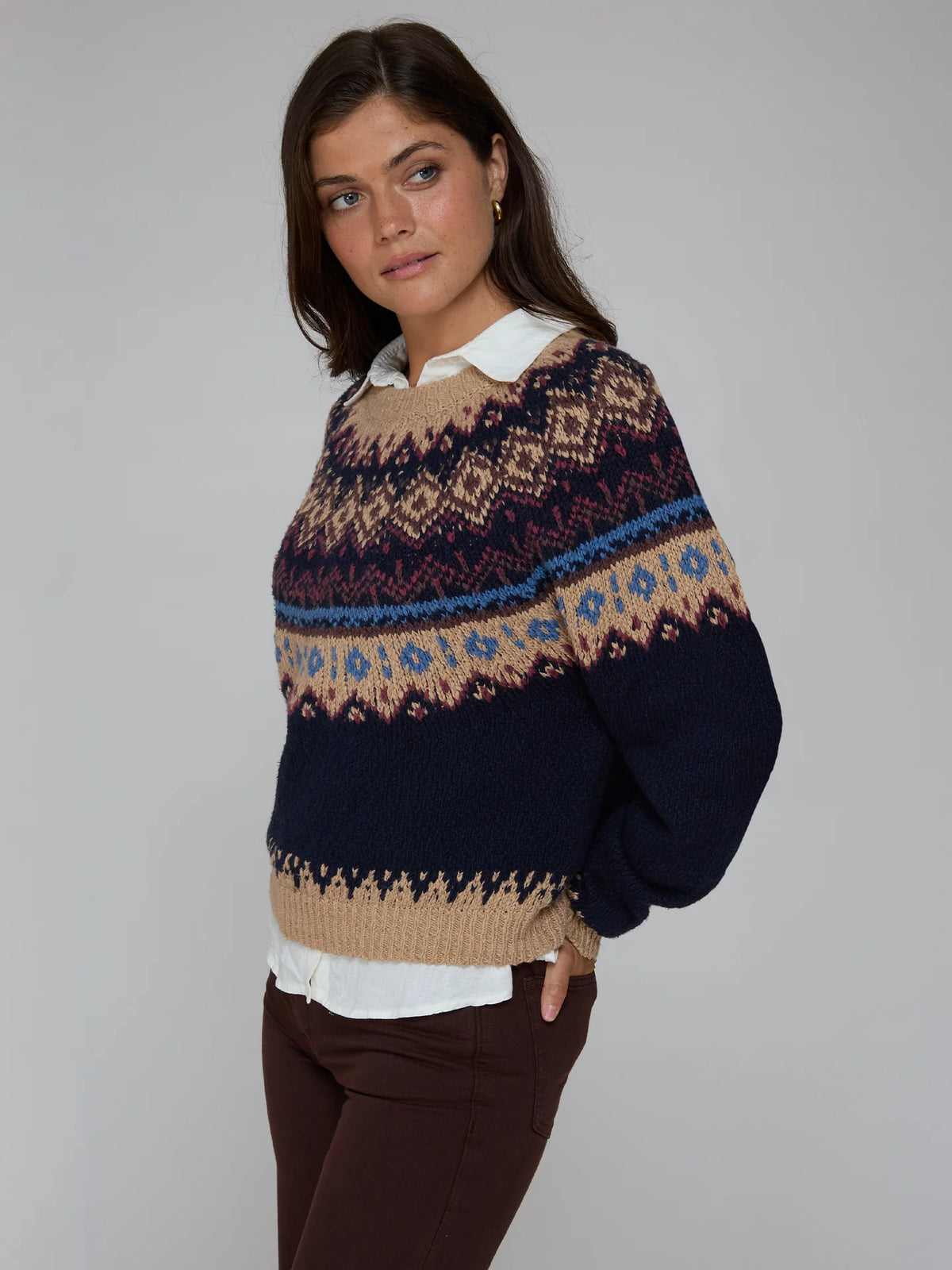 Chunky Fair Isle Crewneck in Navy Combo