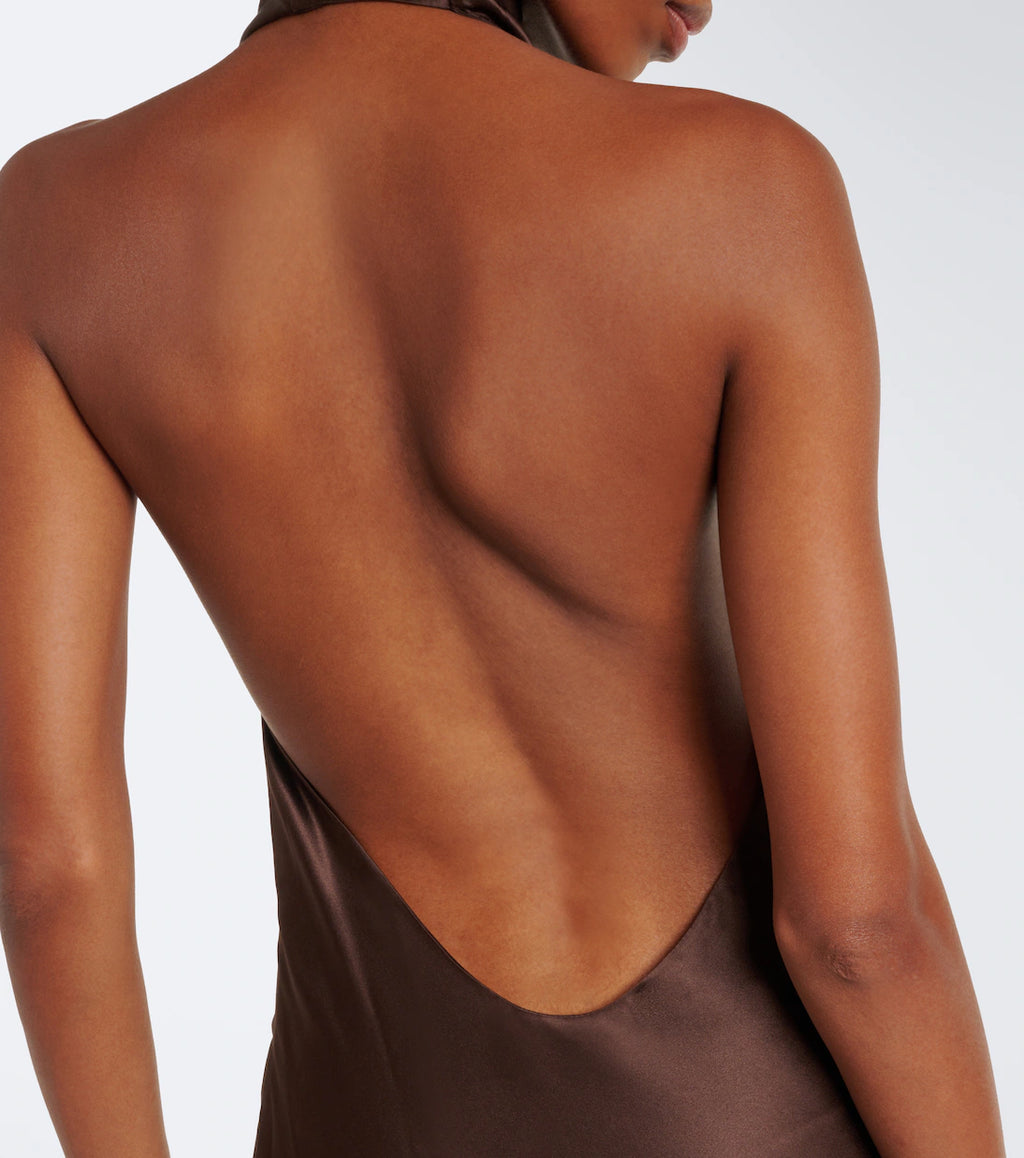 Halter Draped open-back silk charmeuse gown in Carob