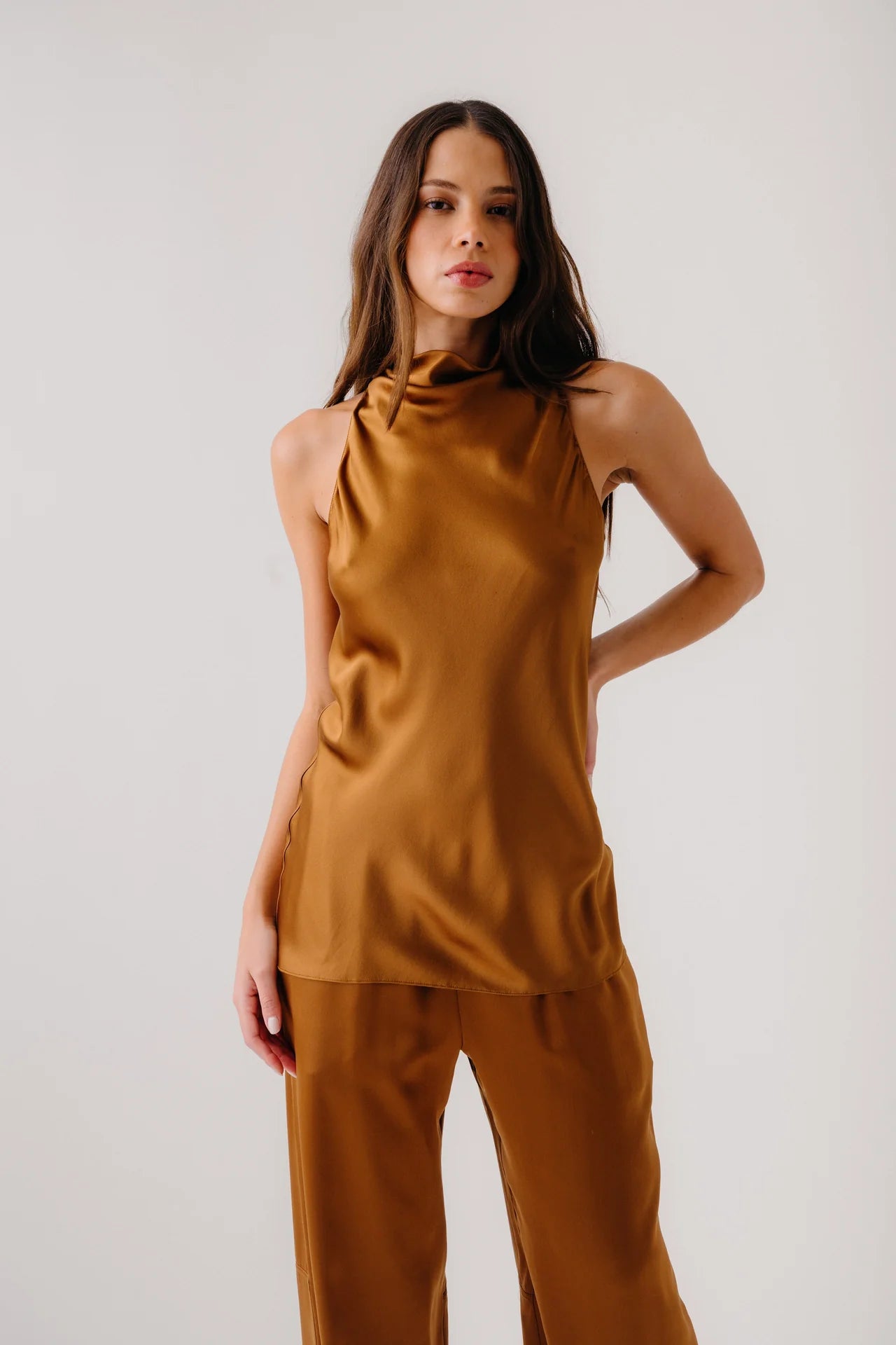 Una Silk Cowled Halter Tunic - tobacco