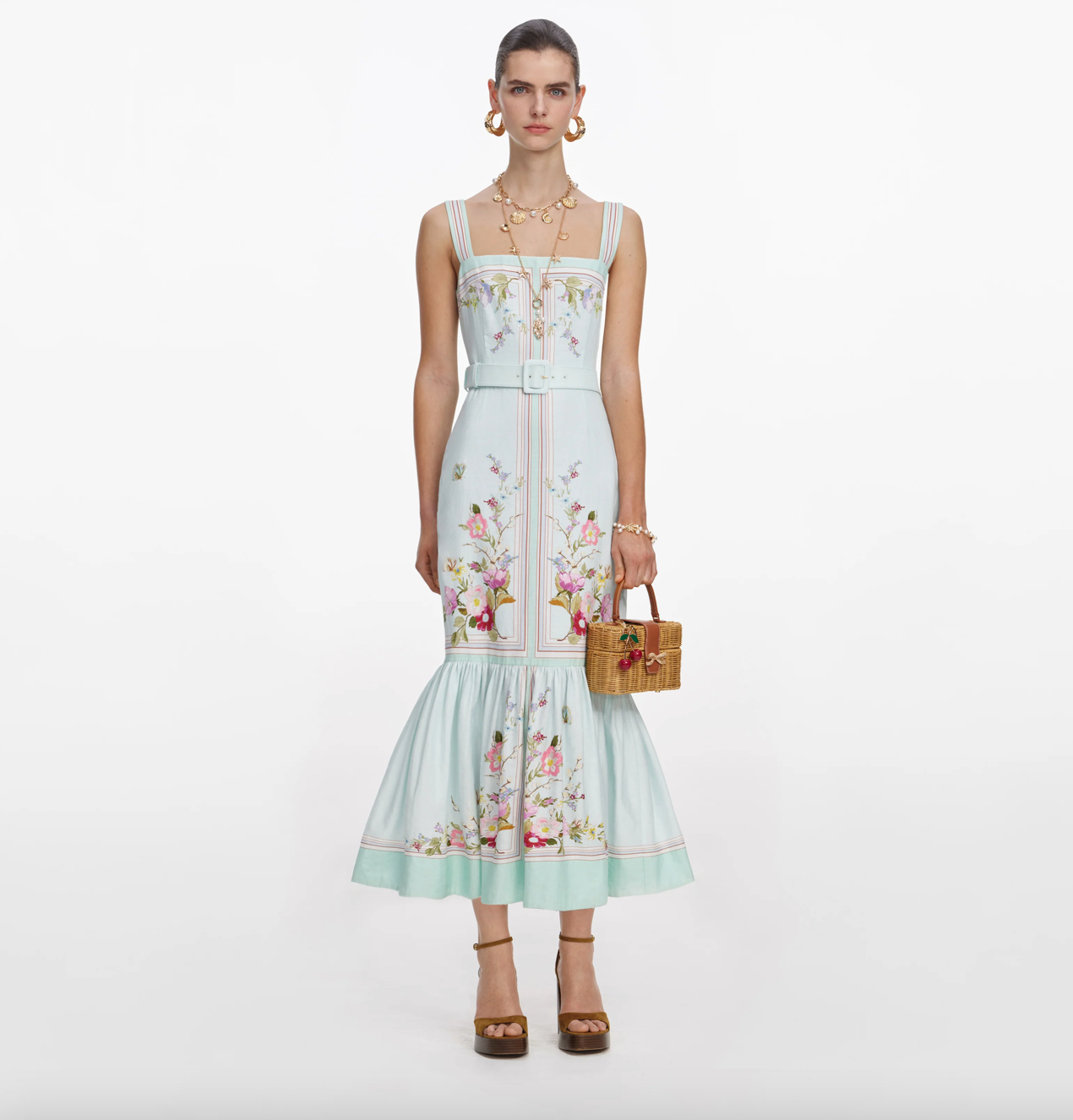 Mint Floral Linen Midi Dress