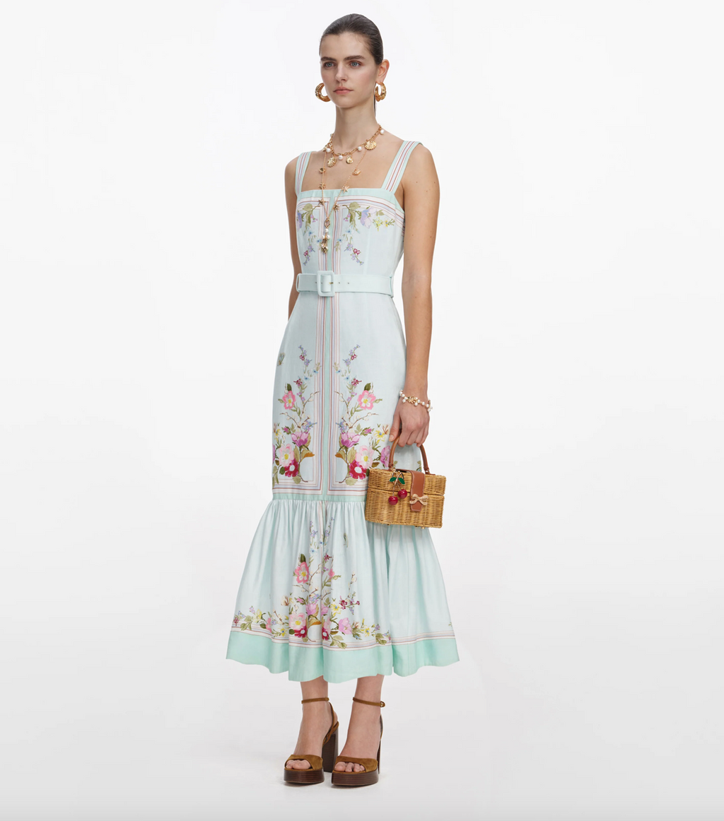 Mint Floral Linen Midi Dress
