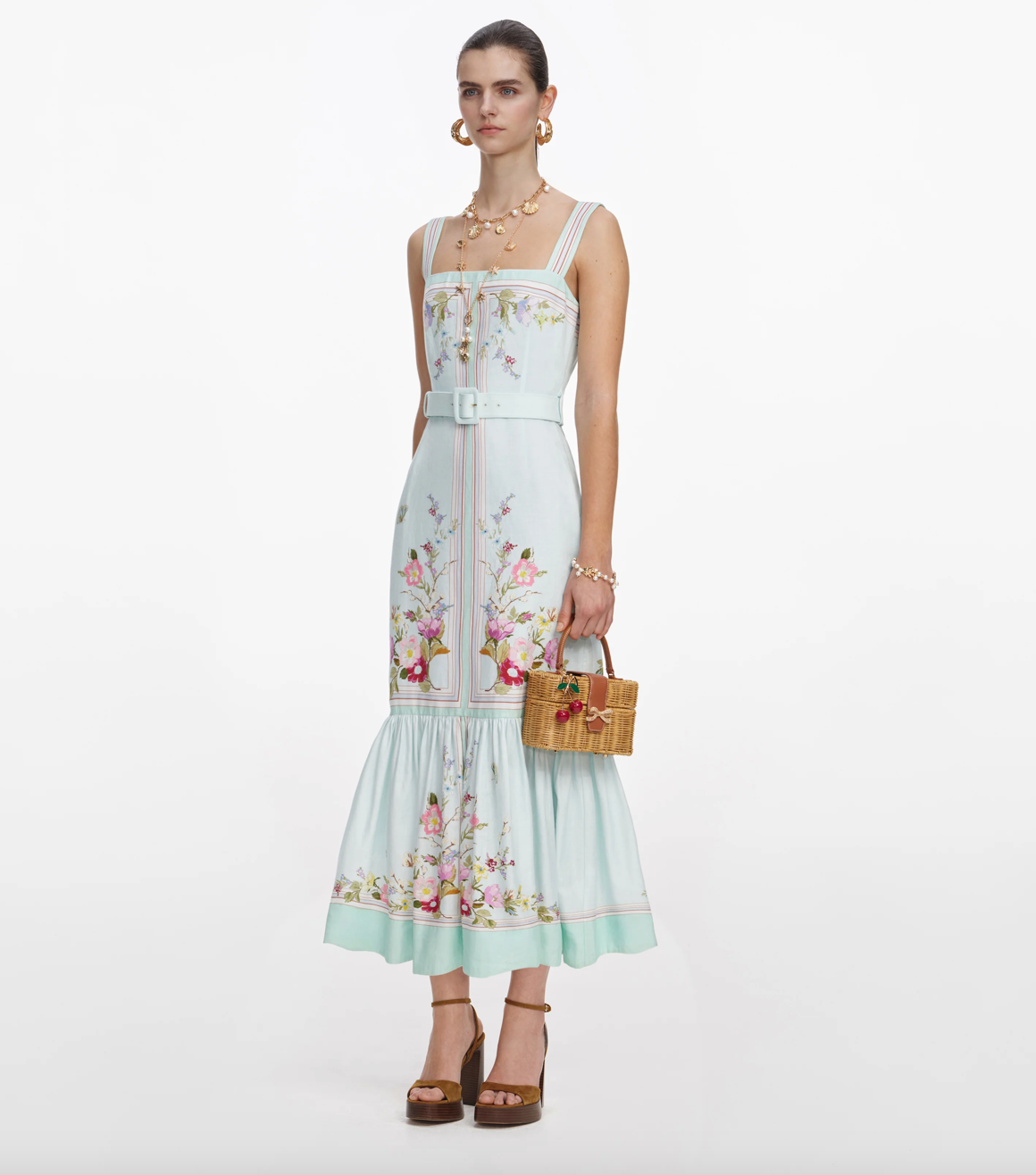 Mint Floral Linen Midi Dress