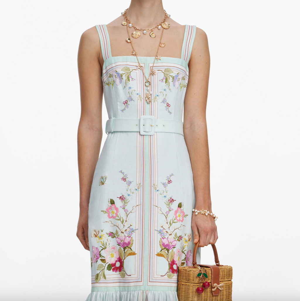 Mint Floral Linen Midi Dress