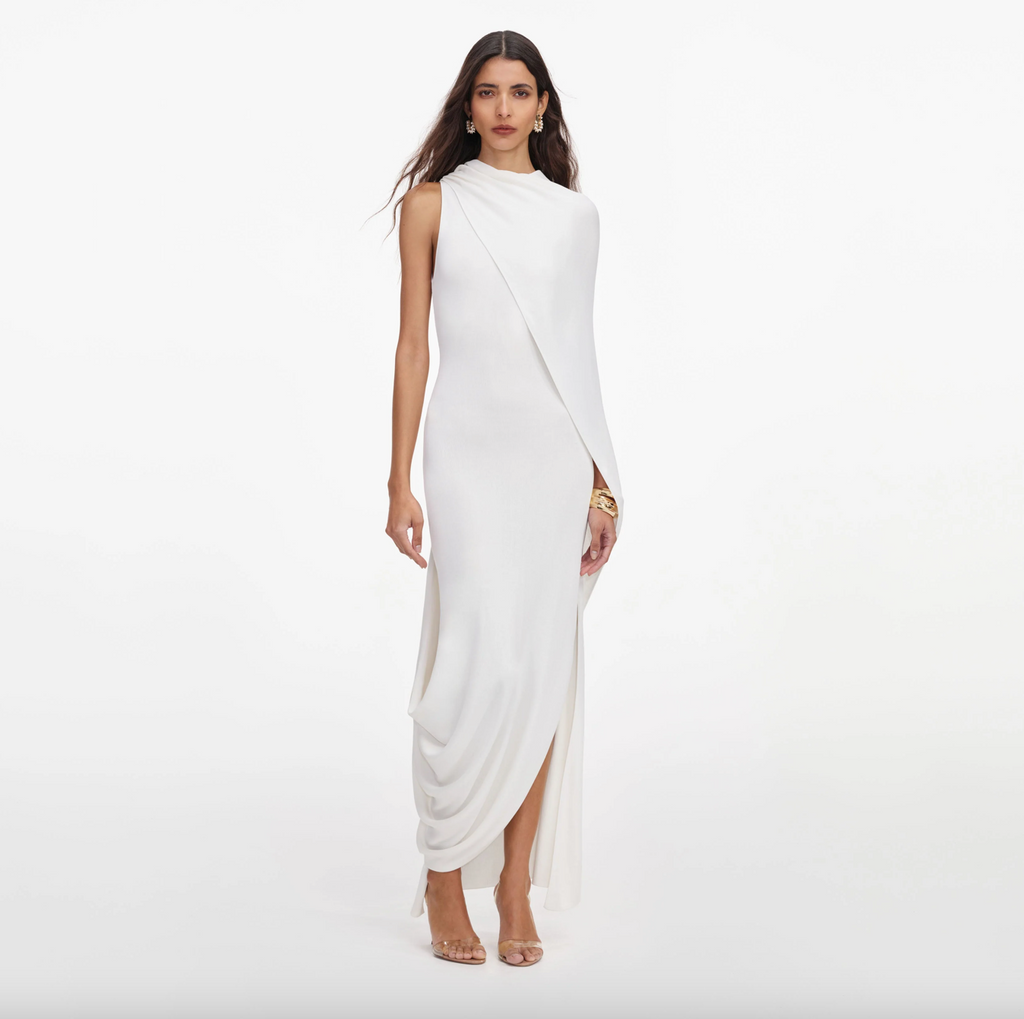 White Viscose Knit Drape Maxi Dress