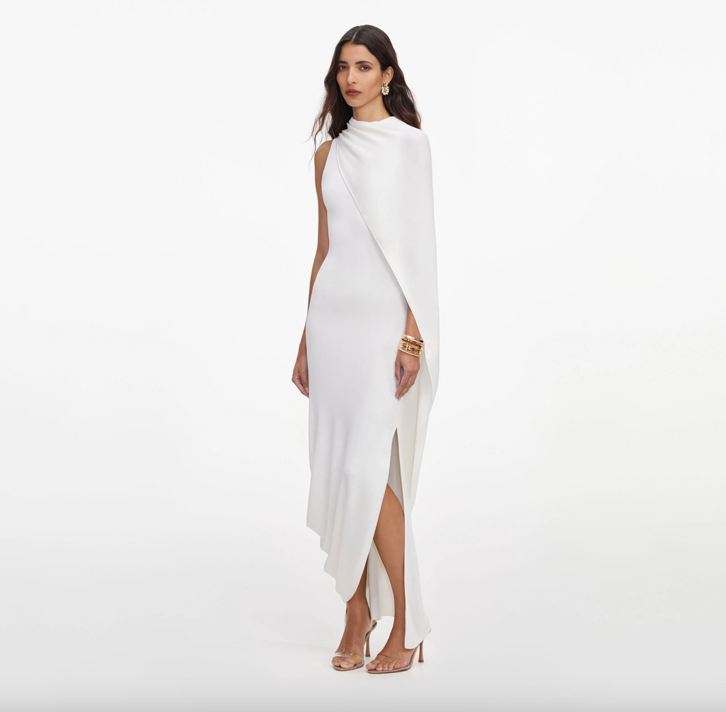 White Viscose Knit Drape Maxi Dress