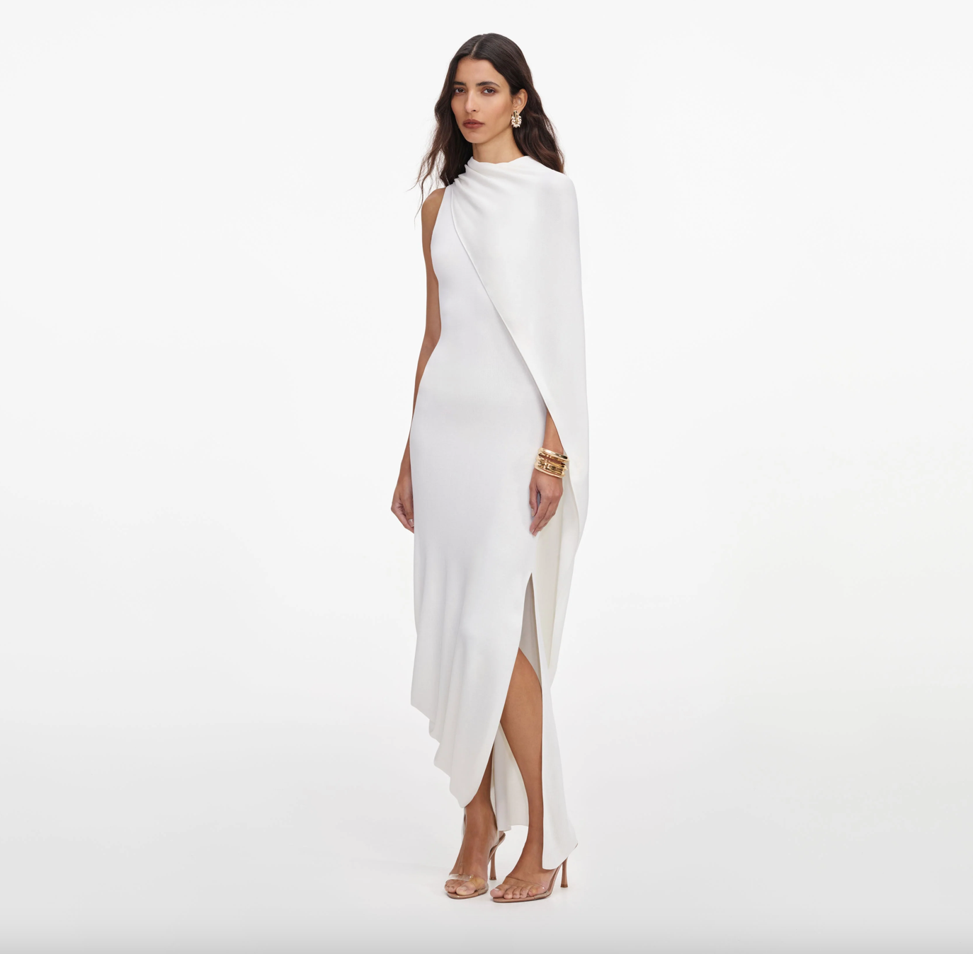 White Viscose Knit Drape Maxi Dress