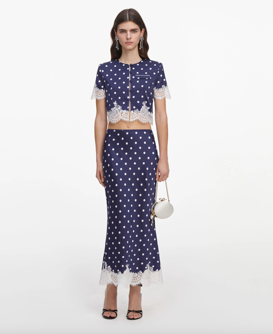 Navy Polka Dot Satin Midi Skirt
