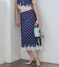Navy Polka Dot Satin Midi Skirt
