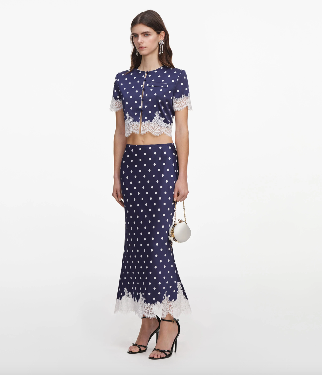 Navy Polka Dot Satin Midi Skirt