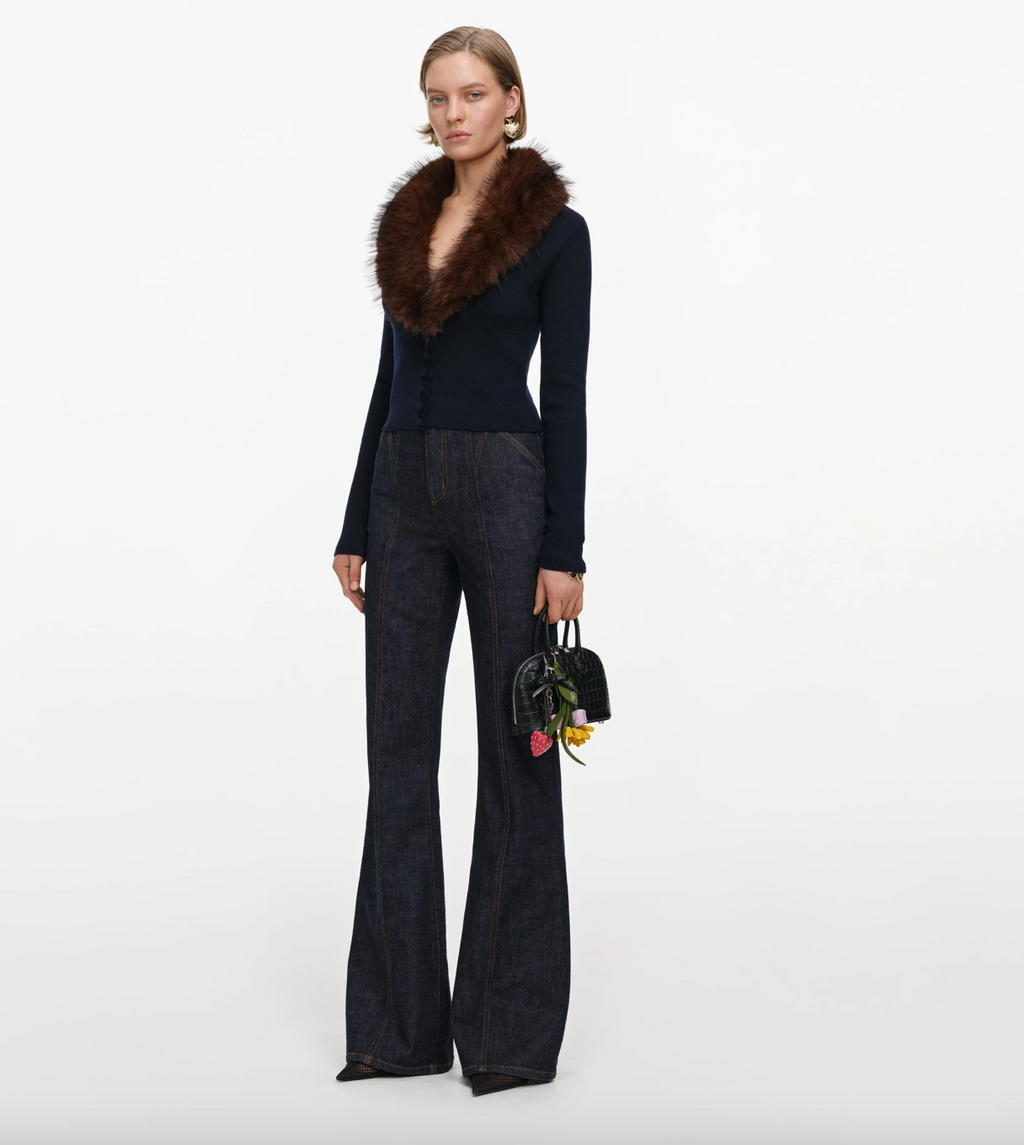 faux fur knit cardigan - navy