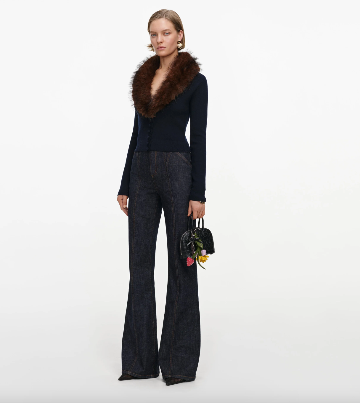 faux fur knit cardigan - navy