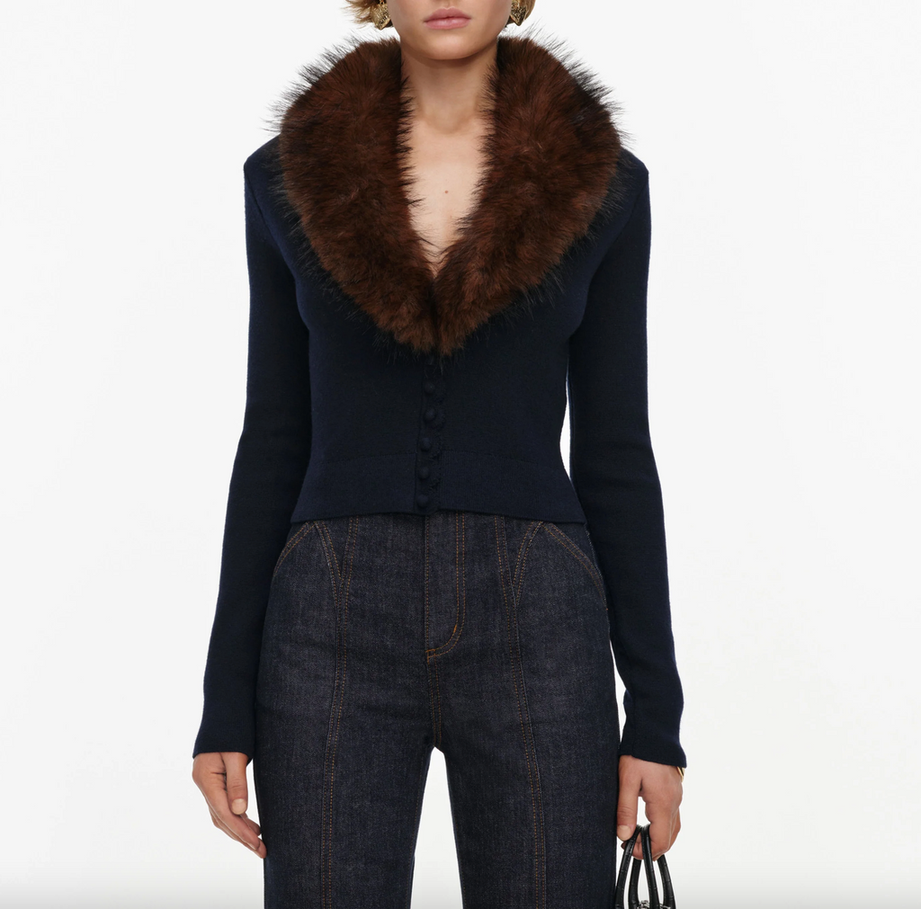 faux fur knit cardigan - navy