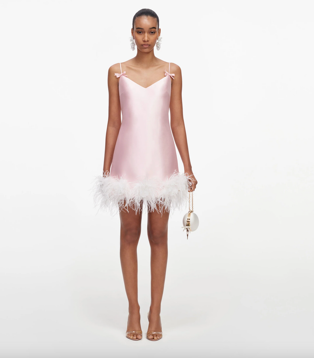 PINK TAFFETA FEATHER MINI DRESS
