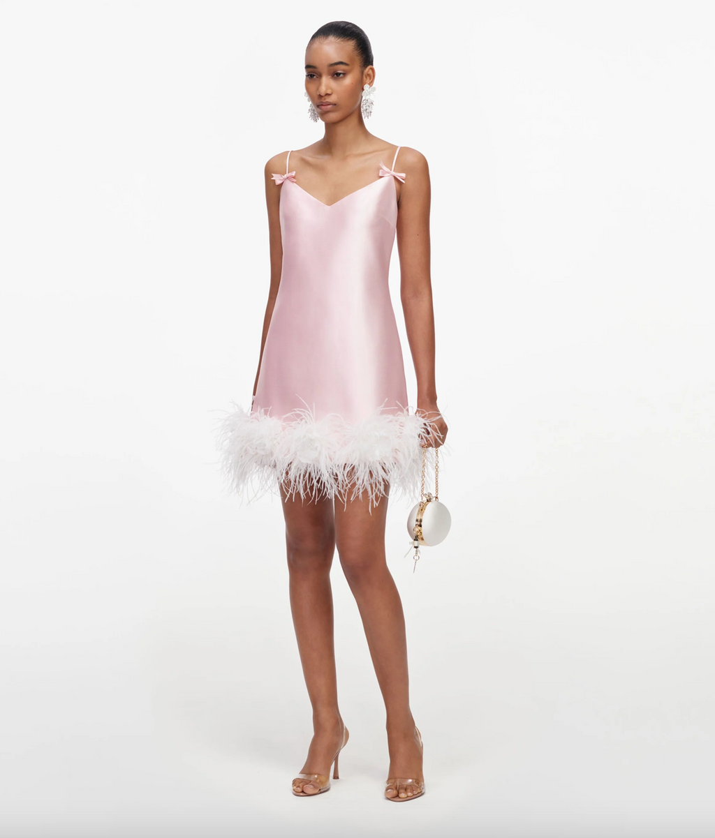 PINK TAFFETA FEATHER MINI DRESS