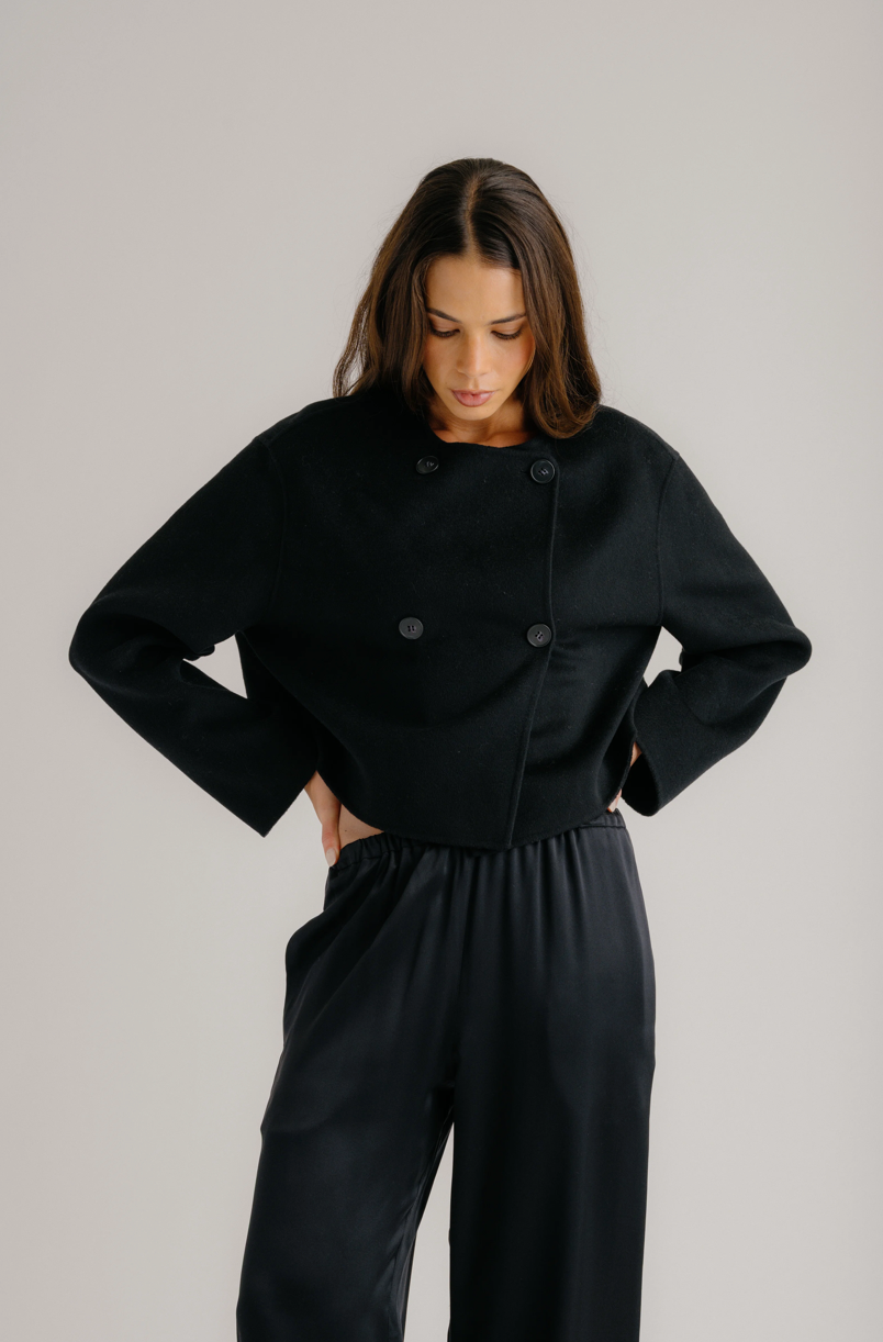 FLOREN CROPPED DOUBLE BREASTED COAT - BLACK
