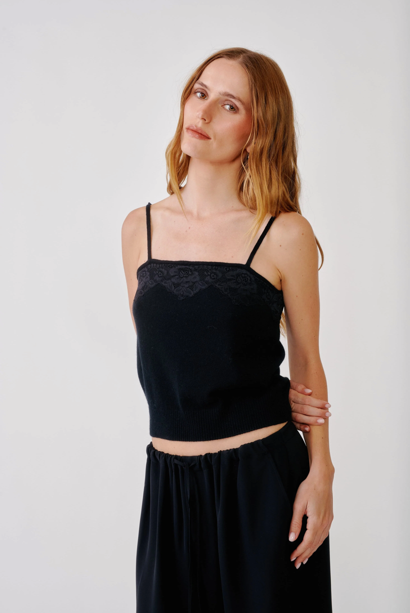 JOSIE STRAIGHT NECK CASHMERE CAMI - BLACK