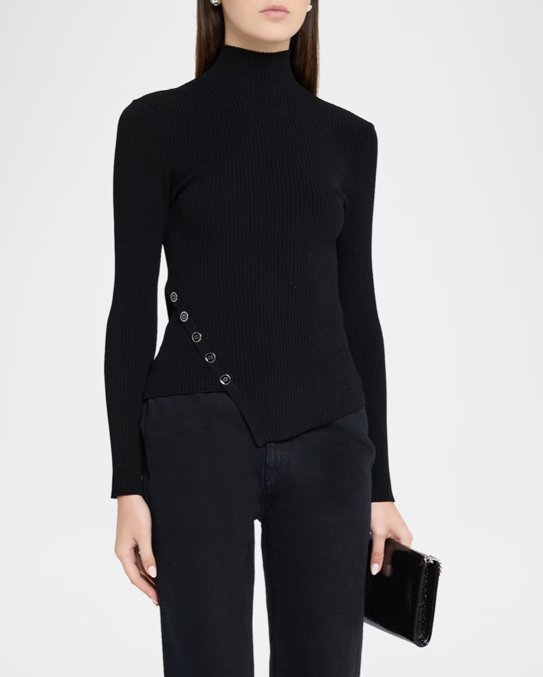 Asymmetric Button Rib Turtleneck Sweater
