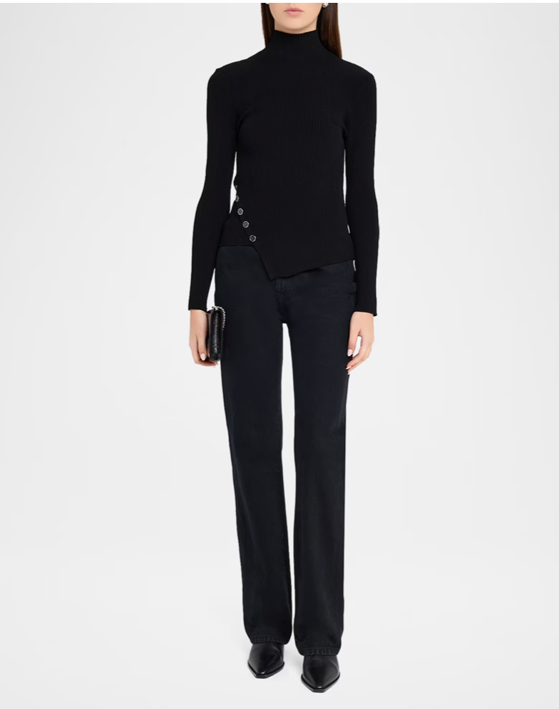 Asymmetric Button Rib Turtleneck Sweater