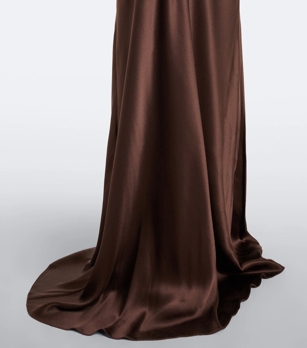 Halter Draped open-back silk charmeuse gown in Carob
