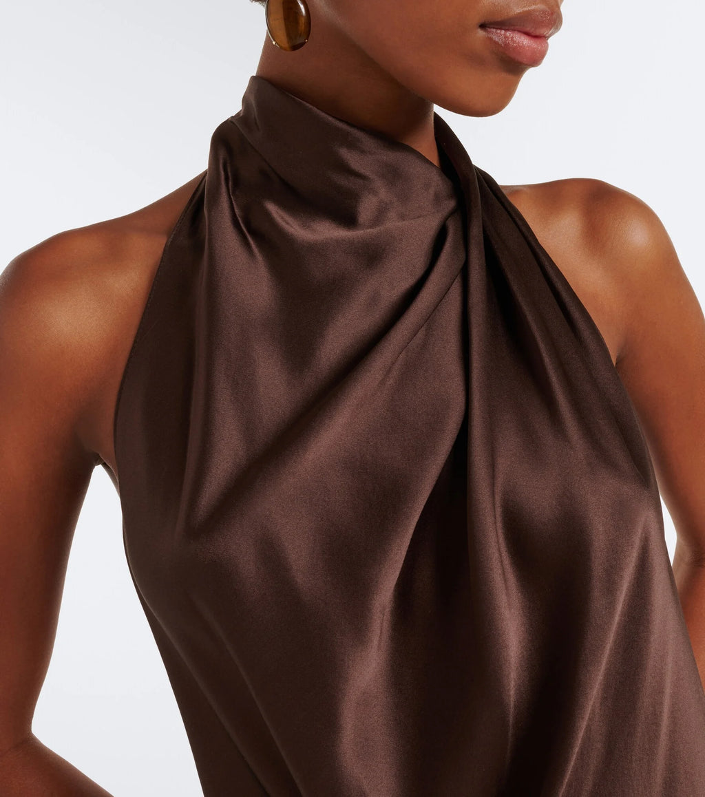 Halter Draped open-back silk charmeuse gown in Carob